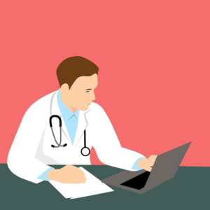 A doctor using a laptop to access patient’s data