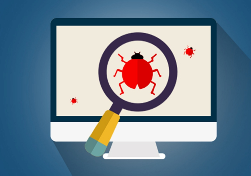 A magnifying glass enlarging a bug on a screen, depicting bug testing